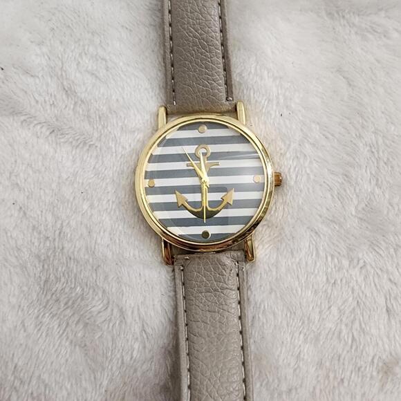 Gold/Grey Striped Anchor Leather Watch - Picture 2 of 9
